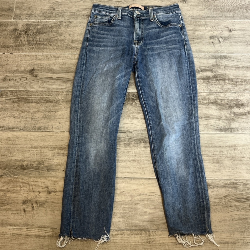 7 For All Mankind The High Waist Ankle Skinny B(Air) Denim Jeans Size 27 Raw Hem